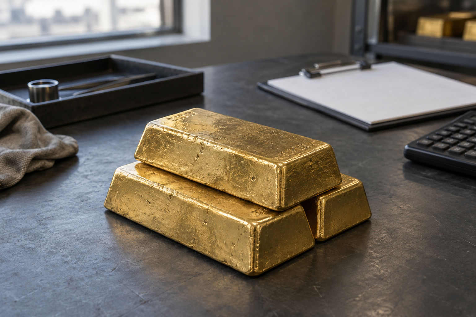 AI-generated illustration of gold bullion with a clipboard and calculator